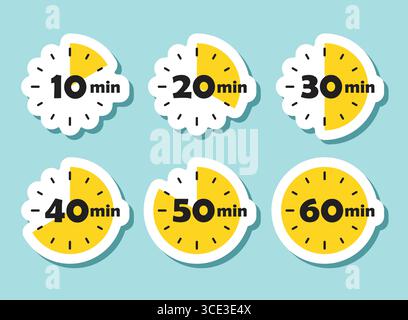 Da 10 minuti a 60 minuti sull'icona dell'adesivo del cronometro in stile piatto. Illustrazione vettoriale del timer del quadrante dell'orologio su sfondo isolato. Insegna per il conto alla rovescia Illustrazione Vettoriale