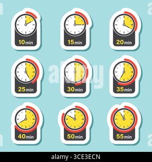 Da 10 minuti a 55 minuti sull'icona dell'adesivo del cronometro in stile piatto. Illustrazione vettoriale del timer del quadrante dell'orologio su sfondo isolato. Insegna per il conto alla rovescia Illustrazione Vettoriale