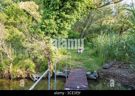 Piccolo molo in legno si estende su acque calme, che conduce a un sentiero erboso circondato da alberi lussureggianti e canne, con una donna seduta pacificamente nel retro Foto Stock
