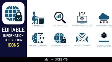 Icone di tecnologia informatica modificabile moderne per concetti aziendali digitali, analisi dei dati e soluzioni di sicurezza di rete. Illustrazione Vettoriale