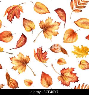 Foglie colorate autunnali senza cuciture. Illustrazione ad acquerello disegnata a mano, isolata su sfondo bianco Foto Stock