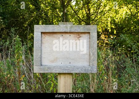 Insegna di legno vuota, indossata dalle intemperie sul palo, con legno dietro. Foto Stock