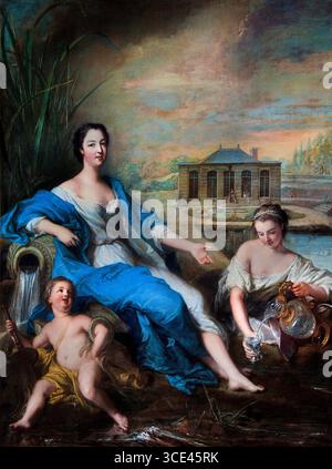 Portrait en pied de Marie-Anne de Bourbon, dite Mademoiselle de Clermont, aux eaux minérales de Chantilly' di Jean-Marc Nattier 1685-1766 , dipinto nel 1729 ( questo ritratto raffigura Marie-Anne de Bourbon-Condé (1697-1741) alle sorgenti minerali di Chantilly. È un dipinto ad olio su tela ed è ospitato al musée Condé di Chantilly. Foto Stock