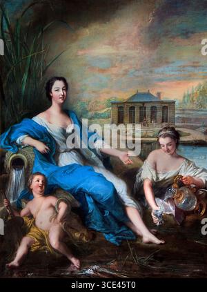 Portrait en pied de Marie-Anne de Bourbon, dite Mademoiselle de Clermont, aux eaux minérales de Chantilly' di Jean-Marc Nattier 1685-1766 , dipinto nel 1729 ( questo ritratto raffigura Marie-Anne de Bourbon-Condé (1697-1741) alle sorgenti minerali di Chantilly. È un dipinto ad olio su tela ed è ospitato al musée Condé di Chantilly. Foto Stock