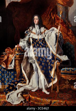 Re ROI Luigi XV 1710-74 in abiti d'incoronazione 1742 Rigaud Hyacinthe 1659-1743 Francia Museo francese del Louvre Parigi Francia, ( Luigi XV fu re di Francia dal 1715 al 1774, regnando dall'età di cinque anni sotto una reggenza fino alla sua maggiore età nel 1723, e più tardi sotto l'influenza del suo primo ministro, il cardinale Fleury. ) Foto Stock