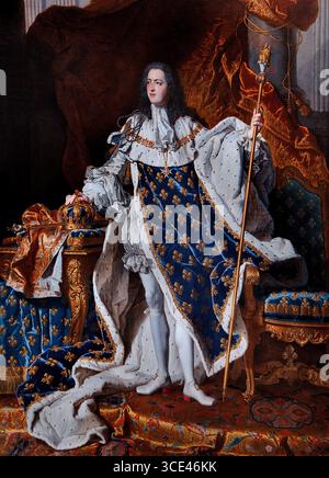 Re ROI Luigi XV 1710-74 in abiti d'incoronazione 1742 Rigaud Hyacinthe 1659-1743 Francia Museo francese del Louvre Parigi Francia, ( Luigi XV fu re di Francia dal 1715 al 1774, regnando dall'età di cinque anni sotto una reggenza fino alla sua maggiore età nel 1723, e più tardi sotto l'influenza del suo primo ministro, il cardinale Fleury. ) Foto Stock
