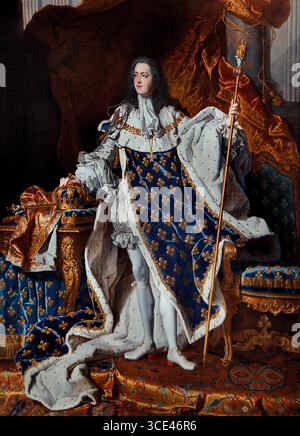 Re ROI Luigi XV 1710-74 in abiti d'incoronazione 1742 Rigaud Hyacinthe 1659-1743 Francia Museo francese del Louvre Parigi Francia, ( Luigi XV fu re di Francia dal 1715 al 1774, regnando dall'età di cinque anni sotto una reggenza fino alla sua maggiore età nel 1723, e più tardi sotto l'influenza del suo primo ministro, il cardinale Fleury. ) Foto Stock