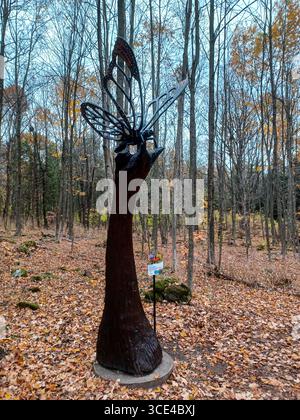Toronto, ONTARIO, Canada - 25 ottobre 2024: Una scultura in legno di una farfalla che poggia delicatamente su una mano tesa si erge lungo il sentiero del lago Crawford Foto Stock