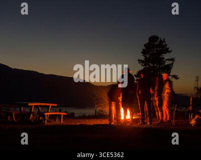 Amici in piedi intorno al falò dopo il tramonto con il lago Jackson in background, Colter Bay, il Parco Nazionale del Grand Teton, Teton County, Wyoming USA Foto Stock