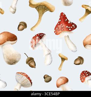 Funghi e ghiande di quercia. Autunno foresta boletus fly cantonelle agariche Acquerello dipinto a mano motivo floreale senza cuciture su sfondo blu per l'autunno co Foto Stock