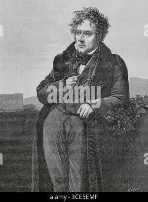 Francesco Renato, vicomte de Chateaubriand (1768-1848). Scrittore e diplomatico francese. Chateaubriand è raffigurato in una posa malinconica con le rovine dell'antica Roma alle sue spalle durante una visita alla città nel 1804. Incisione di Huyot dopo un ritratto di Anne Louis Girodet de Roucy-Trioson nel 1809. Directoire, Consolato et Empire. Moeurs et usages, lettres, Sciences et Arts Francia, 1795-1815' (Direttorio, Consolato e Impero di Francia. Costumi e tradizioni, lettere, scienze e arti Francia, 1795-1815), di Paul Lacroix. Pubblicato a Parigi, 1884. Foto Stock