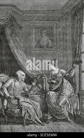 "La Pitié", poema in quattro canti del poeta francese Jacques Delille (1738-1813) scritto nel 1803. Delille critica gli eccessi della rivoluzione francese ed esprime compassione per i coloni, affrontando la schiavitù nelle colonie. Donna che gioca al mandolino per un vecchio. Disegno di Monsiau. Incisione di Anselin. Directoire, Consolato et Empire. Moeurs et usages, lettres, Sciences et Arts Francia, 1795-1815' (Direttorio, Consolato e Impero di Francia. Costumi e tradizioni, lettere, scienze e arti Francia, 1795-1815), di Paul Lacroix. Pubblicato a Parigi, 1884. Autore: Jean-Louis Anselin Foto Stock