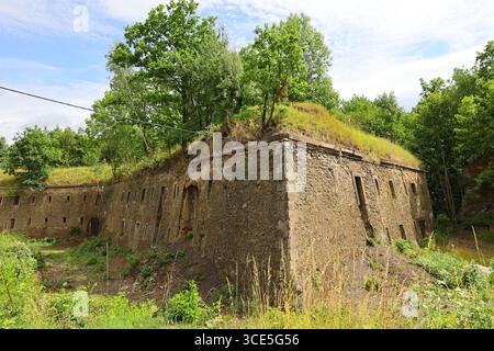 Vista d'angolo delle storiche mura in pietra della fortezza di Owcza Góra a Kłodzko, ricoperte di erba e alberi Foto Stock