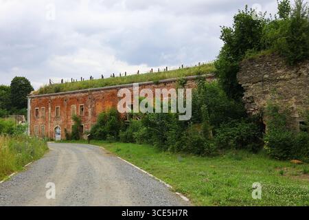 Mura fortificate in mattoni rossi sovrastate e torre rotonda della fortezza di Owcza Góra a Kłodzko, parzialmente nascosta dalla vegetazione Foto Stock