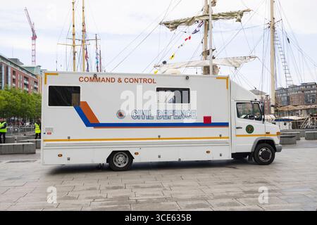 Irlandese di Difesa Civile Mercedes-Benz Vario 815 D mobile incidente unità di comando, Grand Canal Square, Grand Canal Dock, Dublino, Leinster, Irlanda Foto Stock