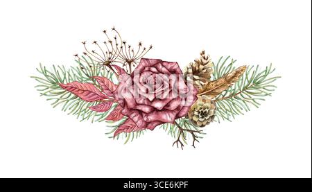 Rosa di Borgogna con rami di pino, ramoscelli asciutti, fiori secchi, coni e acquerelli di piume. Fiori invernali per Natale e nuovo Foto Stock