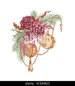 Rose di Borgogna, con rami di pino, rami secchi, piume, bacca rossa, illustrazione di catene, sfere e pendenti in acquerello. Composizione invernale per Chris Foto Stock