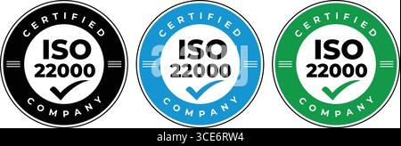Set di badge aziendali certificati ISO 22000 in nero, blu e verde Illustrazione Vettoriale