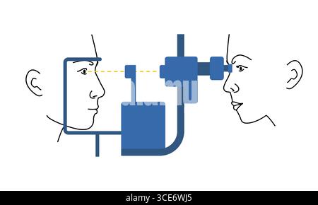 L'oftalmologo controlla la visione di un uomo, il medico donna esamina gli occhi con attrezzature cliniche. Disegno piatto della linea. Illustrazione Vettoriale