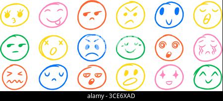 Simpatiche icone emoji a forma di pastello. I cartoni animati disegnati a mano sorridono i volti con emozioni e stati d'animo diversi Illustrazione Vettoriale