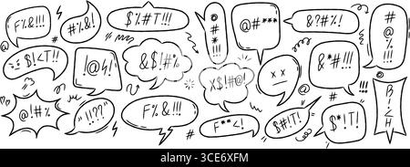 Pastello con le parole maledette. Fumetti arrabbiati, scortesi ed espressioni negative parlano di palloncini in stile doodle. Set di disegni a mano vettoriali Illustrazione Vettoriale