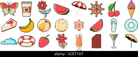 set di icone estive a 8 bit. Oggetto pixel art. Stile grafico del computer della vecchia scuola. Farfalla, caffè, fiore, anguria, ombrello, ciliegia, gelato Illustrazione Vettoriale