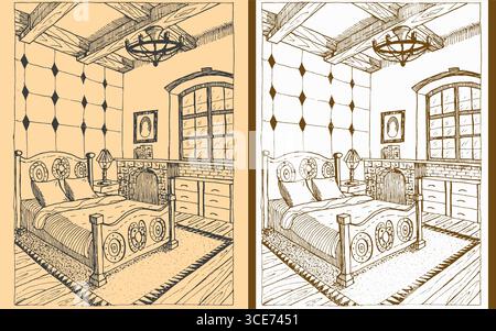 Questa illustrazione vettoriale disegnata a mano raffigura un'accogliente camera da letto d'epoca con un letto decorato, un lampadario, una finestra, un comodino e un tappeto. Include due versioni: Illustrazione Vettoriale