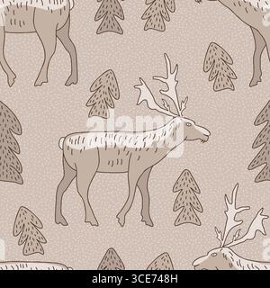 Motivo senza cuciture con renne e pini in stile invernale monocromatico su sfondo beige Illustrazione Vettoriale