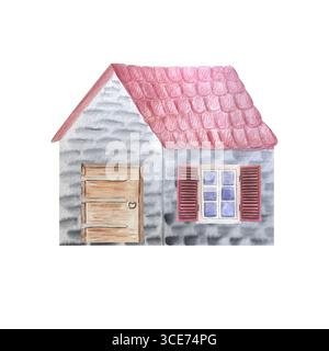 Una casa in pietra con tetto piastrellato, porta in legno. Vista laterale. Illustrazione acquerello isolata su bianco. Ideale per mappe fiabesche e ambienti fantasiosi Foto Stock