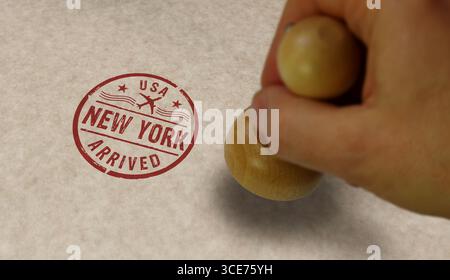 New York USA è arrivato timbro e timbratura a mano. Concetto di arrivo del volo a New York. Foto Stock