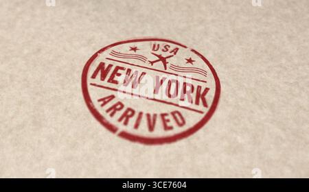 New York USA è arrivata con le icone dei francobolli in poche versioni a colori. Illustrazione di rendering 3D del concetto di arrivo del volo a New York. Foto Stock