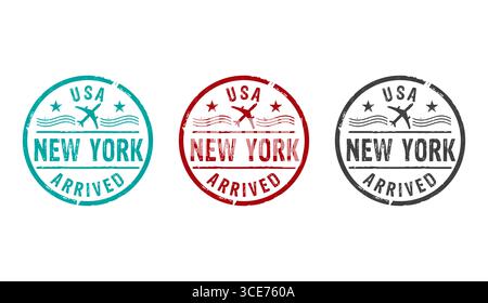 New York USA è arrivata con le icone dei francobolli in poche versioni a colori. Illustrazione di rendering 3D del concetto di arrivo del volo a New York. Foto Stock