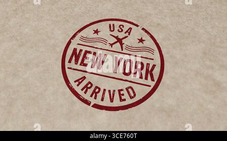 New York USA è arrivata con le icone dei francobolli in poche versioni a colori. Illustrazione di rendering 3D del concetto di arrivo del volo a New York. Foto Stock