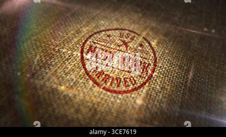 New York USA è arrivato il francobollo stampato su un sacco di lino. Concetto di arrivo del volo a New York. Foto Stock