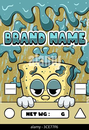 Cartoni animati Blue Cheese Strain con sfondo Slime. Design per logo, etichette, copertine e prodotti di imballaggio. Illustrazione Vettoriale