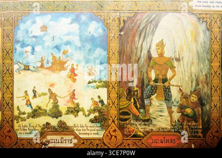 Tempio buddista tailandese Wat Chaiyamangalaram, dipinti buddisti, George Town, Penang, Malesia Foto Stock