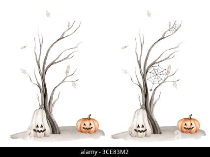Albero illustrativo ad acquerello senza foglie silhouette e zucche con una faccia isolata su sfondo bianco. Alberi secchi marroni per Halloween con Foto Stock