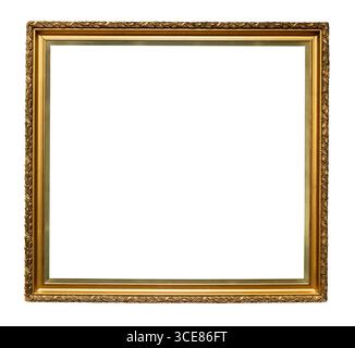 vecchia cornice semplice in legno dorato ritagliata su sfondo bianco Foto Stock