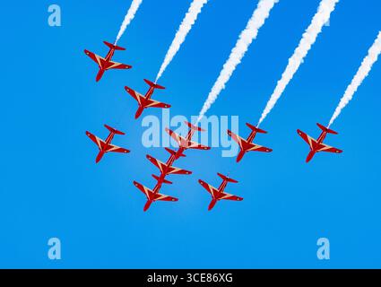 Red Arrows BAE Hawk Tmk1 Aircraft della Royal Air Force esposto alla RAF Waddington Families Day il 12 luglio 2025. Foto Stock
