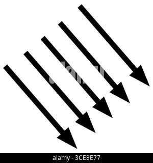 Serie di frecce nere disegnate a mano con linee semplici rivolte verso il basso. Set di icone freccia lineare. Illustrazione vettoriale, design piatto. Illustrazione isolata. Foto Stock