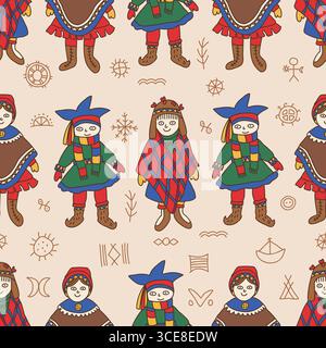Modello senza cuciture di gente Sami in colorato abbigliamento tradizionale con simboli folkloristici su sfondo beige Illustrazione Vettoriale