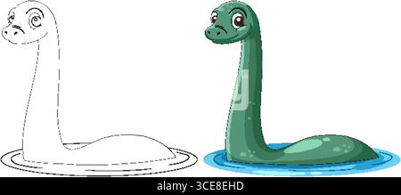 Illustrazione vettoriale di un mostro verde amichevole di Loch Ness con occhi grandi, mostrato in colori e contorni, galleggiante in acqua blu, in stile cartoni animati piatto Illustrazione Vettoriale