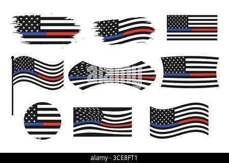 Collezione di disegni di bandiera americana Thin Blue Line e Thin Red Line. Illustrazione Vettoriale