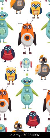 Pattern vettoriale senza cuciture con simpatici robot e uccelli in stile cartoni animati. Perfetto per tessuti per bambini, carta da imballaggio, sfondi digitali. Illustrazione Vettoriale