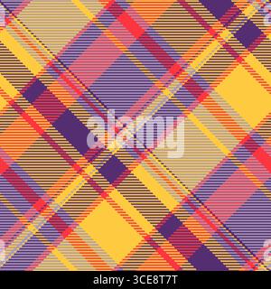 La sovrapposizione controlla il tessuto di fondo a quadri senza cuciture, con texture sagomata. Tessuto Paisley con motivo Tartan vettoriale in una tavolozza di colori ambra e viola. Illustrazione Vettoriale