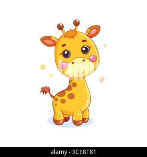 Adorabile giraffa di cartoni animati con occhi e macchie grandi Illustrazione Vettoriale