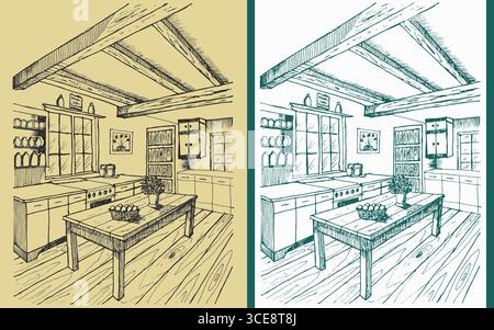 Questa illustrazione vettoriale disegnata a mano mostra un'accogliente cucina rustica con travi in legno, armadi, fornelli, lavandino, tavolo con cesto di uova e fiori va Illustrazione Vettoriale