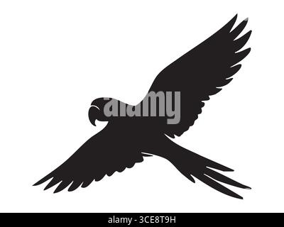 Silhouette nera di pappagallo d'ara in volo, ali spalmate, isolate su sfondo bianco. concetto di uccelli esotici, fauna selvatica, libertà, icona della natura, l Illustrazione Vettoriale