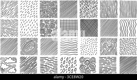Set completo di trame trasversali disegnate a mano con elementi diversi come vortici, punti, linee e gocce. Piastrelle quadrate bianche e nere. Stock Illustrazione Vettoriale