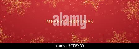 Sfondo natalizio con fiocchi di neve e stelle. Banner rosso natalizio con scintillanti elementi dorati. Decorazioni eleganti con bokeh. Confine di Natale per holi Illustrazione Vettoriale
